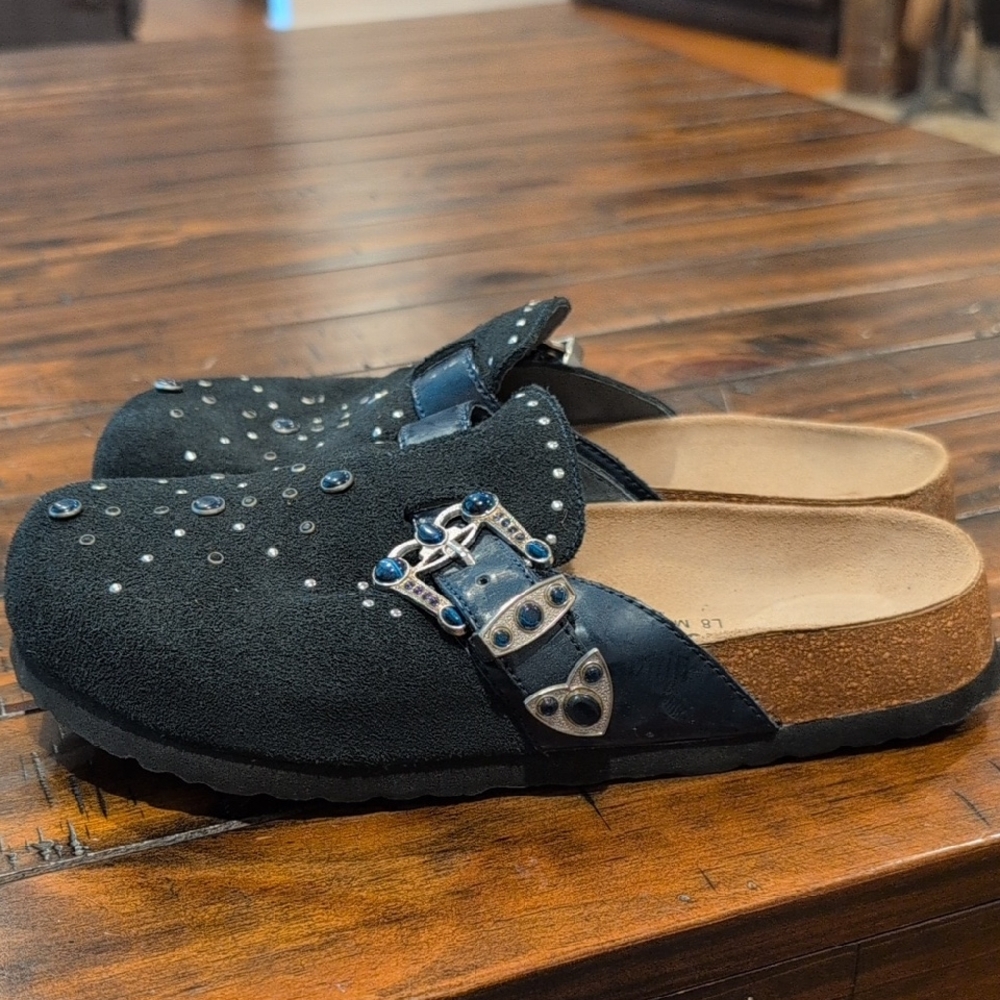 Birkenstock Black Suede Studded Clogs with Blue Buckle Accents